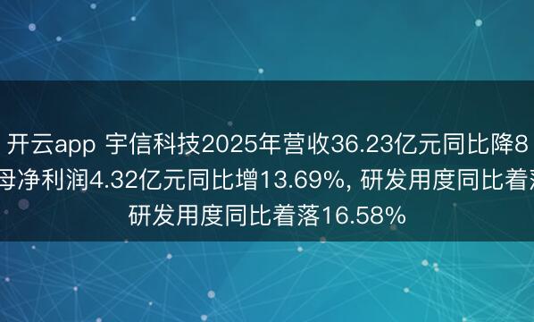 开云app 宇信科技2025年营收36.23亿元同比降8.46%, 归母净利润4.32亿元同比增13.69%, 研发用度同比着落16.58%
